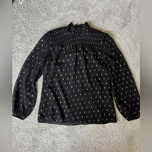 Black Long-Sleeve Smocked Yoke Blouse with Gold Metallic Dot Detail